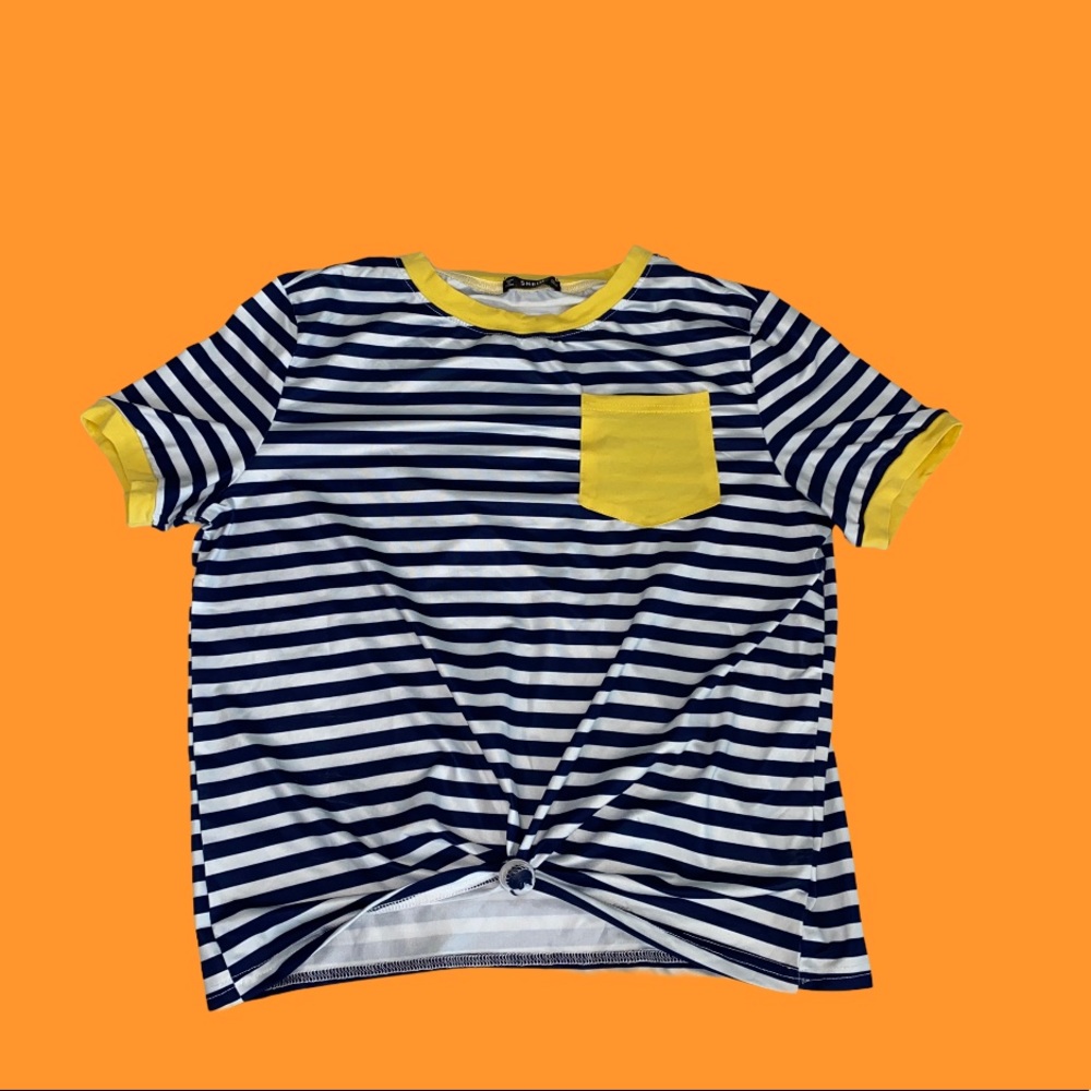 White and navy blue striped shirt. Size M